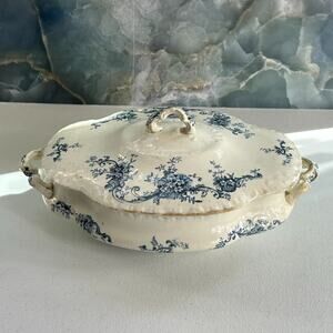 Antique Victorian W. Adams Lidded Tureen Dish 11" Ivory Blue Floral